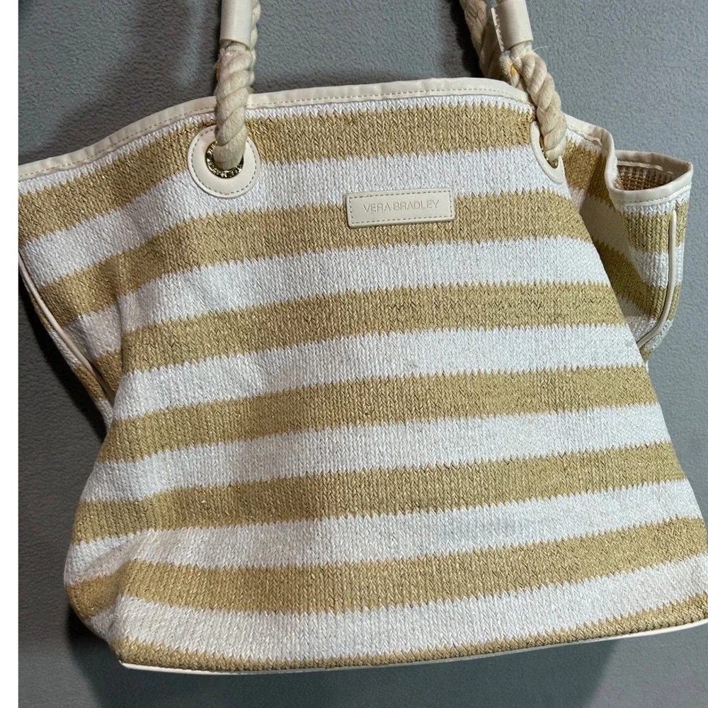 Vera Bradley Tote Bag Tan White Striped Woven Straw Rope Handle Coastal Boho